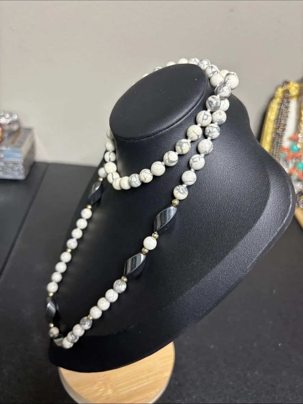 Howlite Stone Hematite Beaded Necklace White and Gray Boho Southwestern